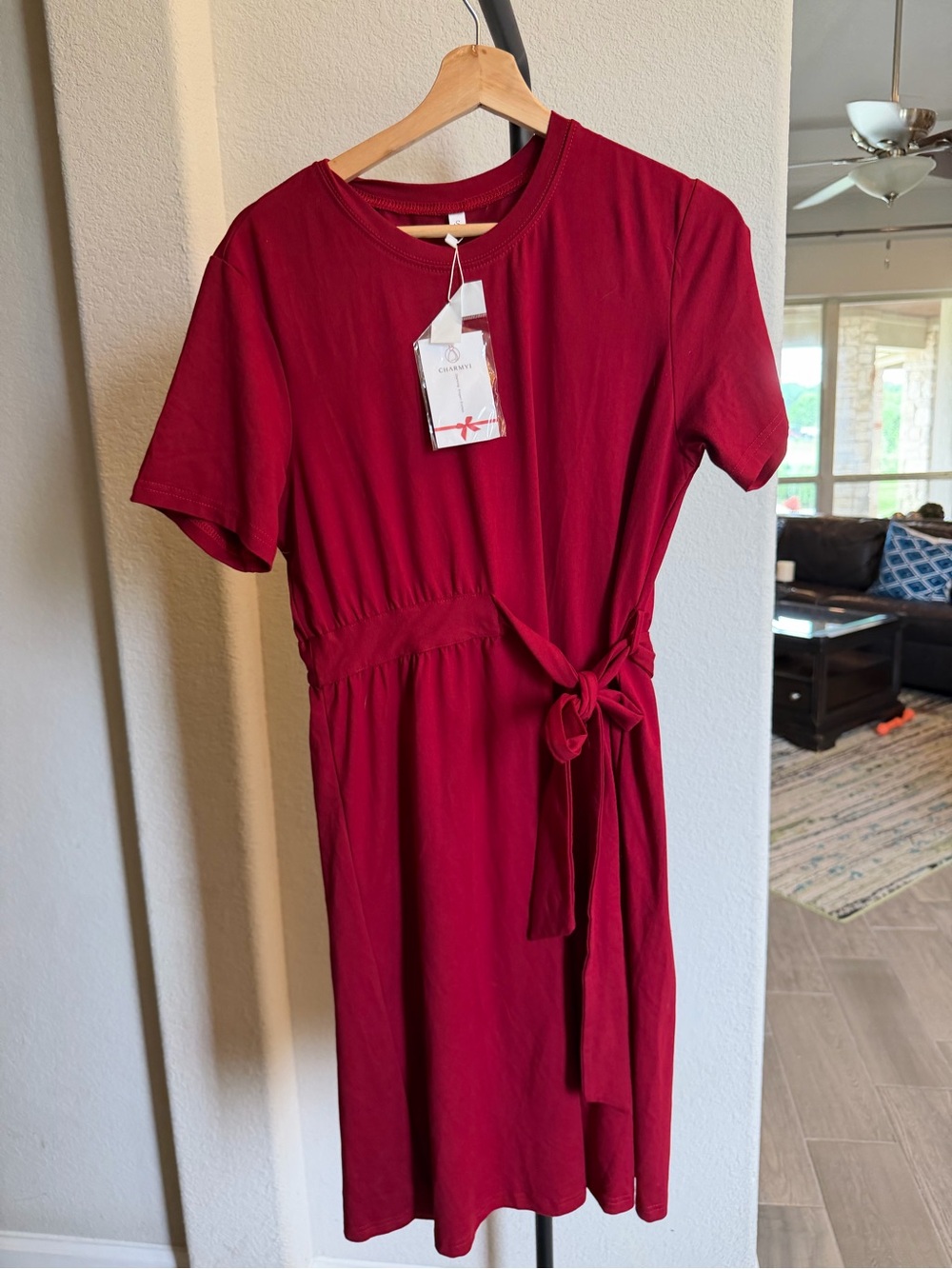 charmyi t-shirt Casual Tie-Waist Midi Dress in Burgundy S